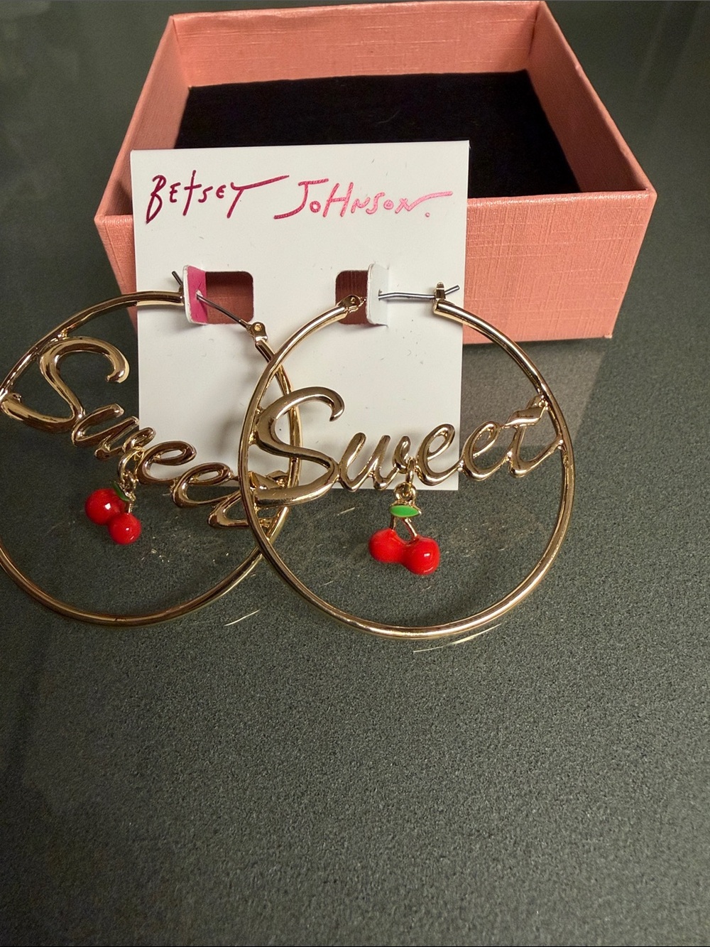 Betsey Johnson Gold Hoop "Sweetheart" Earrings with Red Cherry Charms